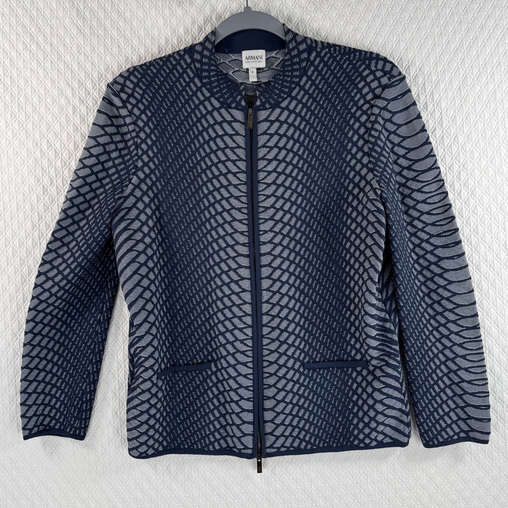 Armani Collezioni Sz 6 Navy Blue Grey Geometric Knit Zip Front Cardigan Jacket